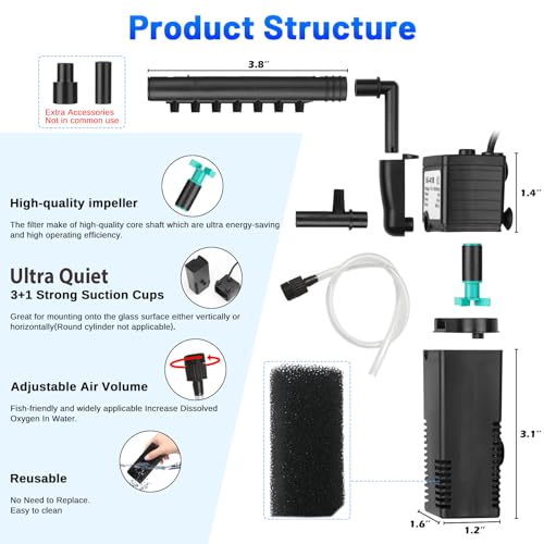 Tararium 2W-411B (79 GPH, FOR 2.5-15 GAL. TANKS) Aquarium Filter Small Betta Fish Tank Filter For 2-15 Gallon Silent 4-In-1 Adjustable Air Flow Fish Turtle Shrimp Tank Filter Submersible Aquarium Internal Filter 79 Gph Biochemical Rainwater thumb #4