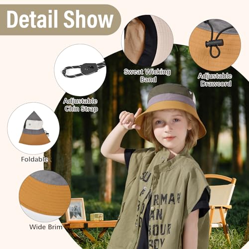 Image of Outdoor Kids Sun Hat Quick Dry Bucket Hat Multiple Color Patchwork for Boys Girls 8-15 Years UPF 50+ Summer Beach Hats