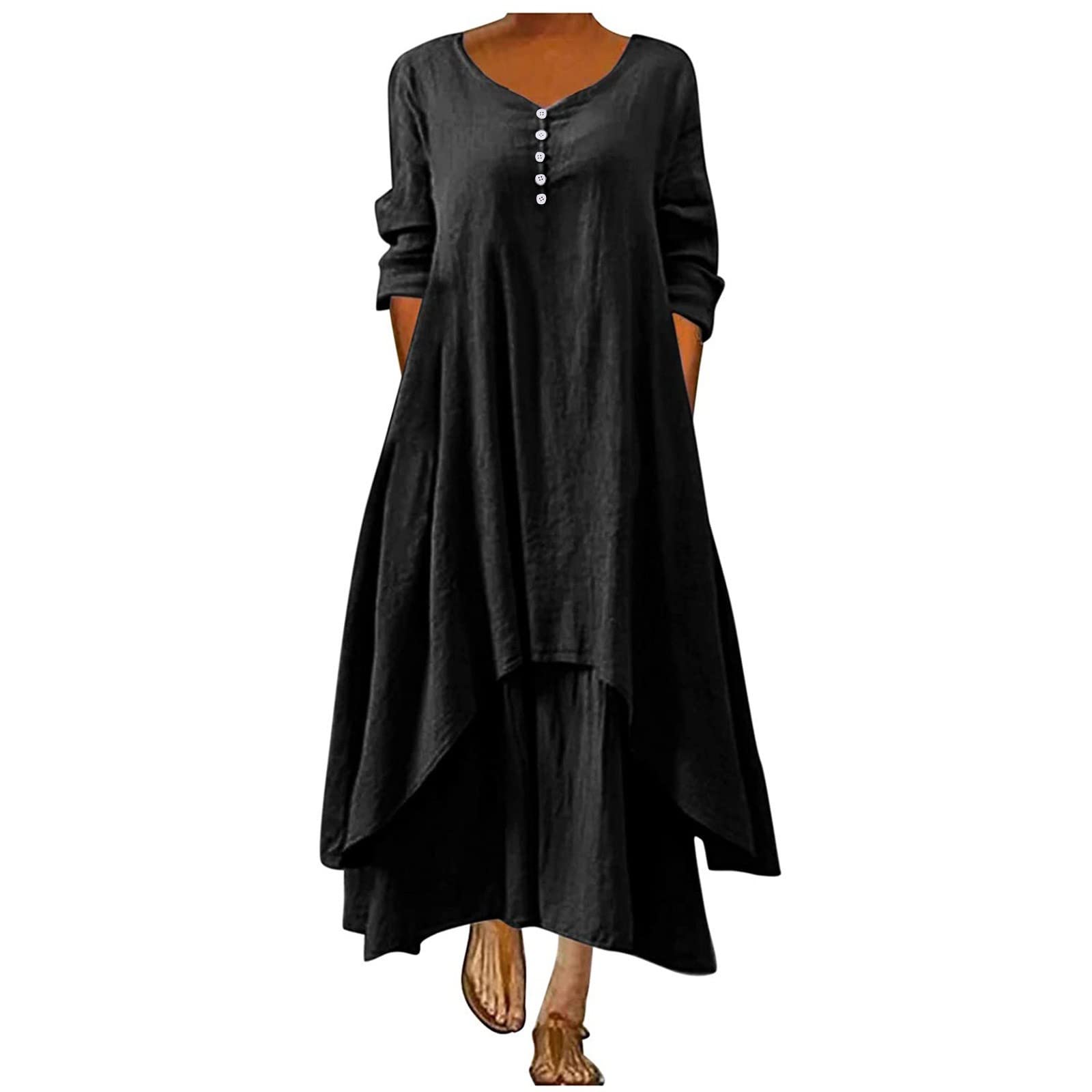 NUSGEAR 2024 Vestidos Largo Mujer Algodón y Lino Vestido Verano Basico Casual Vestidos Cuello en V Botones Moda Color sólido Elegante Vestido Manga Corta Bolsillo Cómodo Playa Talla Grande
