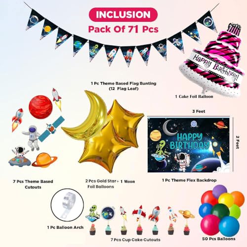 Image of Space Theme Birthday Decoration Kit for Kids Boys Girls, 72 Pcs. (Reusable) - Astronaut Rocket Moon Star Foil Balloons Banner Backdrop Galaxy Outer Space Party Supplies Birthday Decoration Set