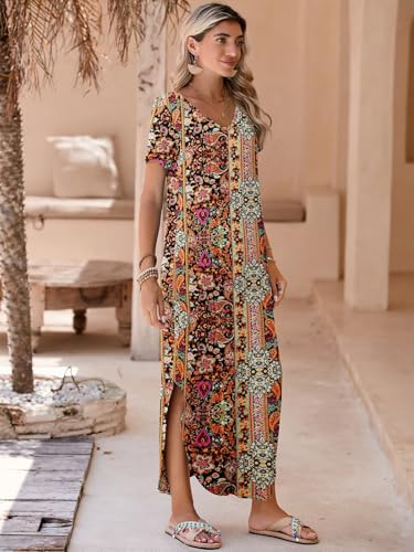 Image of BELAROI Plus Size Maxi Dress for Women Summer Casual V Neck Short Sleeve Long Dress with Pockets Beach Vacation Cover Up
