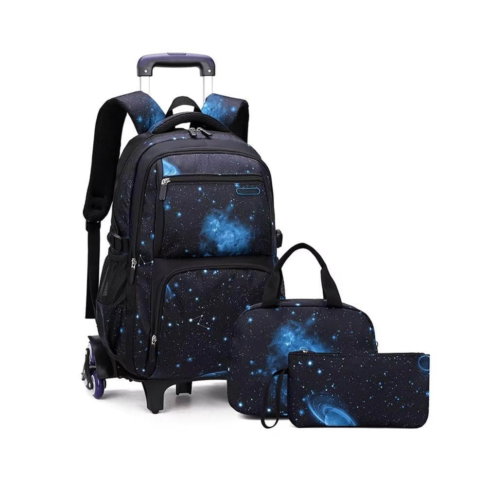 Cartable a roulettes Garçon Sac a Dos Ordinateur Sac Roulette Étudiants, 3 in 1 Sac à Dos à roulettes avec Sac à Lunch et Trousse à Crayons (Bleu étoilé)