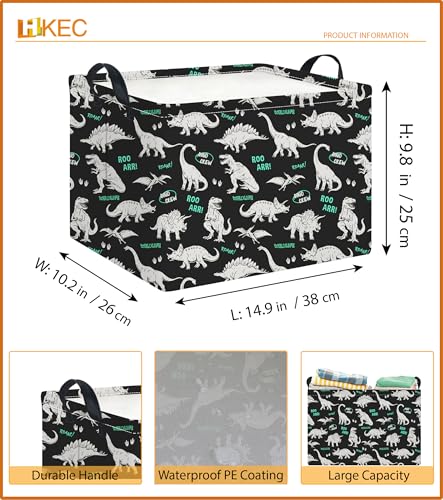 Image of Rectangle Storage Basket with Handles,Collapsible Storage Bin,Books Box,Gift Basket(Green Word Dinosaur)
