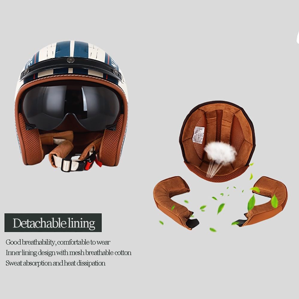 Casco de Moto de Cara Abierta Retro, ECE Homologado, 3/4 Jet Cascos de Protección con Visera Solar para Unisex Motocicleta Bicicleta Scooter Medio Casco (57CM~66CM)