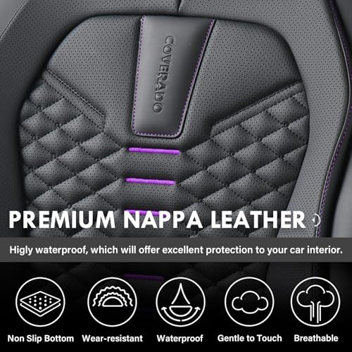 Image of Coverado Car Seat Covers Front Seats, Nappa Leather Black&Purple Car Seat Cover, Automotive Seat Covers, Waterproof Driver Seat Protector, 2 Pack Front Seat Cover Car Seat Cushion Fit for Most Cars