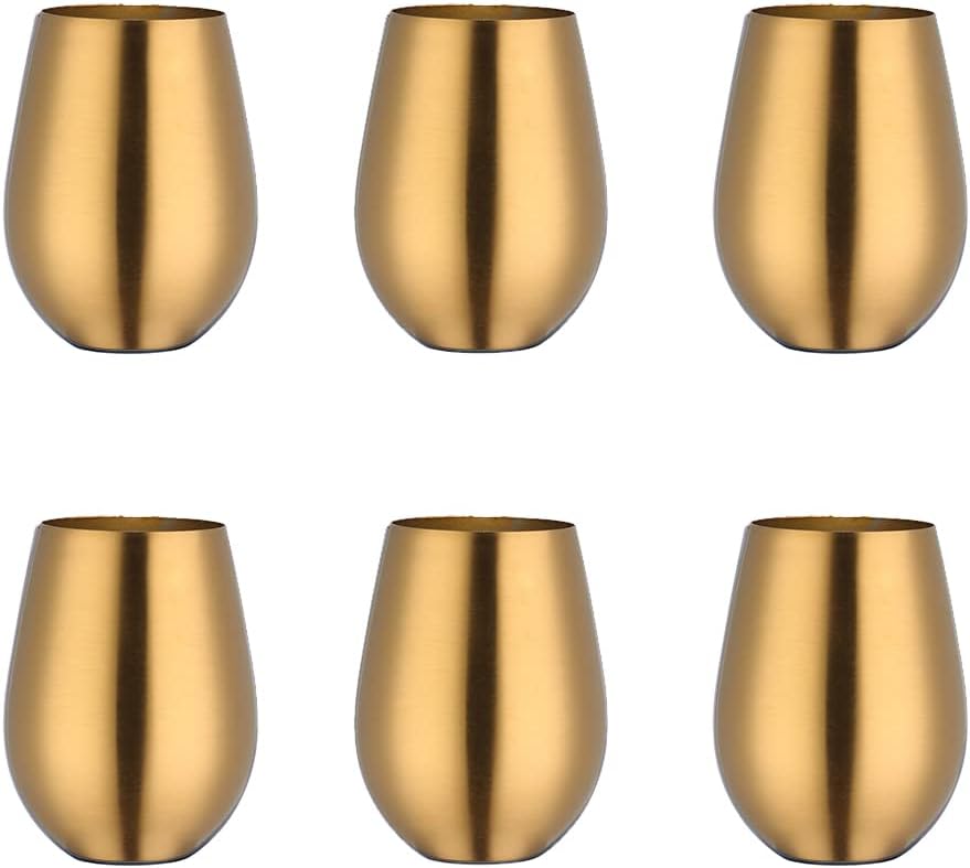6 Pack Stemless Wine Tumbler Glass, 17 OZ 18/8 Stainless Steel Unbreakable Wine Glasses, Beer Glasses Cup Beer Mugs Set for Cocktails, Beer, Champaign, Whiskey, Juice (Gold)