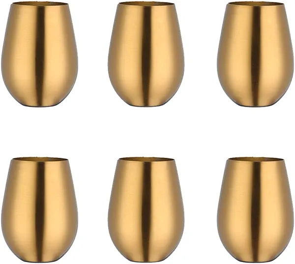 TUPMFG 6 Pack Stemless Wine Tumbler Glass, 17 OZ 18/8 Stainless Steel Unbreakable Wine Glasses, Beer Glasses Cup Beer Mugs Set for Cocktails, Beer, Champaign, Whiskey, Juice (Gold)