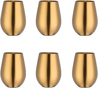 6 Pack Stemless Wine Tumbler Glass, 17 OZ 18/8 Stainless Steel Unbreakable Wine Glasses, Beer Glasses Cup Beer Mugs Set for Cocktails, Beer, Champaign, Whiskey, Juice (Gold)