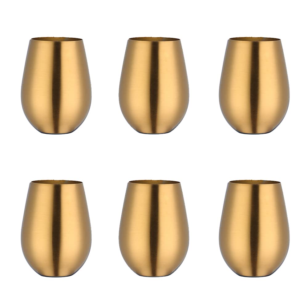 TUPMFG 6 Pack Stemless Wine Tumbler Glass, 17 OZ 18/8 Stainless Steel Unbreakable Wine Glasses, Beer Glasses Cup Beer Mugs Set for Cocktails, Beer, Champaign, Whiskey, Juice (Gold)