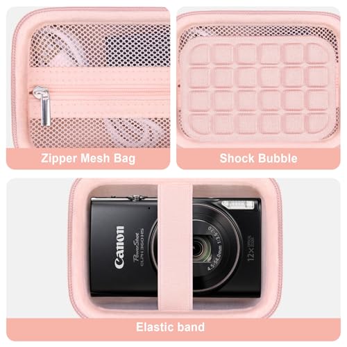 Image of Camera Case for Canon PowerShot ELPH 360 HS A, IXY 650 /ELPH 360 Camera Protective Case Storage Holder Travel Bag with Wrist Strap, Mesh Pocket for Battery Pack, USB Cable, Pink