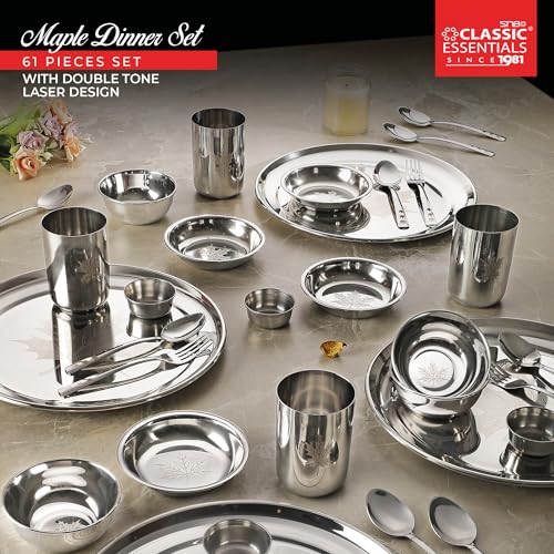 Image of Classic Essentials Stainless Steel 61-Piece Dinner Set for 6 People | Heavy Gauge Kitchen Dining Set | Permanent Laser-Maple Design | Durable Rust-Resistant Tableware for Home & Festive Use