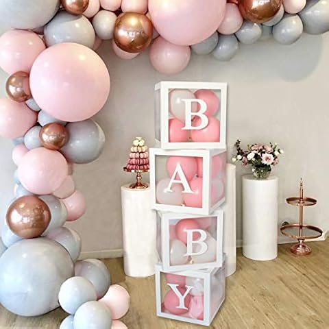 Wayfun Baby Shower Decorations Box Kit - 4Pcs White Transparent Square Baby Shower Boxes including BABY Letters for Girl Boy for Theme Party Supplies Decoration/Birthday/Baby Shower Cover