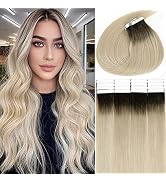 Caliee Human Hair Platinum Blonde Tape in Hair Extensions with Darkest Brown Roots Hair Extension...