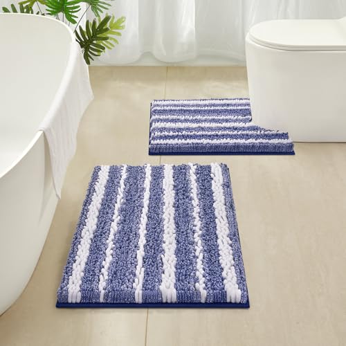 HOMEIDEAS Bathroom Rugs Sets 2 Piece, Cationic Dyed Chenille Extra Soft and Absorbent Non Slip Machine Washable Bath Toilet Mats (32"x20"+U 24"x20", Navy Blue)