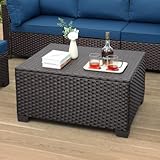 WAROOM Outdoor PE Wicker Coffee Table - Resin Rattan Patio Table Garden Furniture Backyard Storage Table with Waterproof Lining Bag, Brown