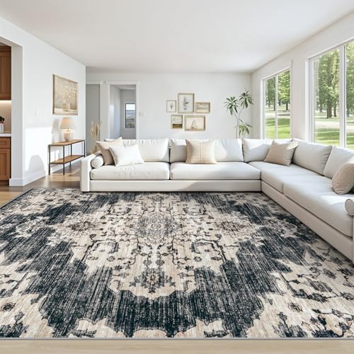 10x12 Area Rugs Washable Rug: Large Vintage Living Room Rug with Non-Slip Backing Low Pile Soft Indoor Floor Thin Carpet Non Shedding Neutral Carpet for Bedroom Dining Room Farmhouse Nursery Black