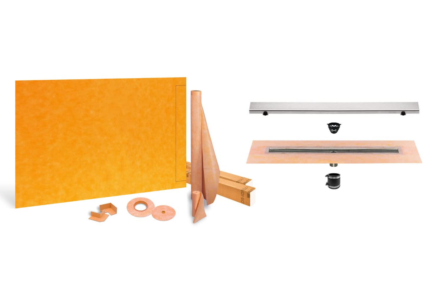 Schluter Systems Kerdi Linear Shower Kit:36x72 Off-set Shower Pan (Tray), 28 Inch Center Outlet Channel Body Drain (KL1V60E70) and Solid Design Brushed Stainless Steel Cover (KL1AR19EB70 Grate)