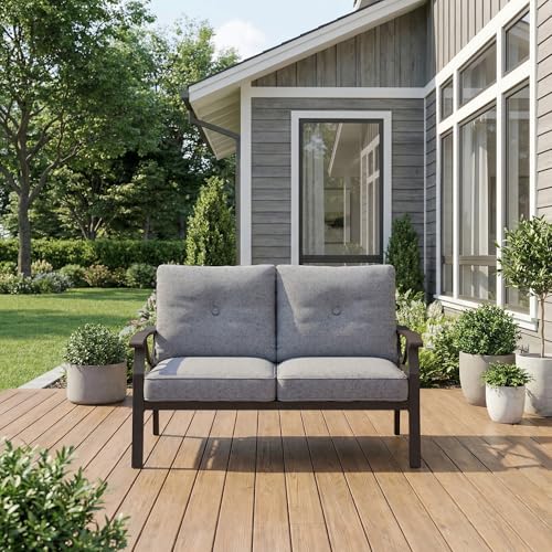 RoyalCraft Patio Loveseat, All-Weather Outdoor 2 Seats Sofa Couch,Khaki Metal Furniture with Gray Cushions by RoyalCraft - Image 6