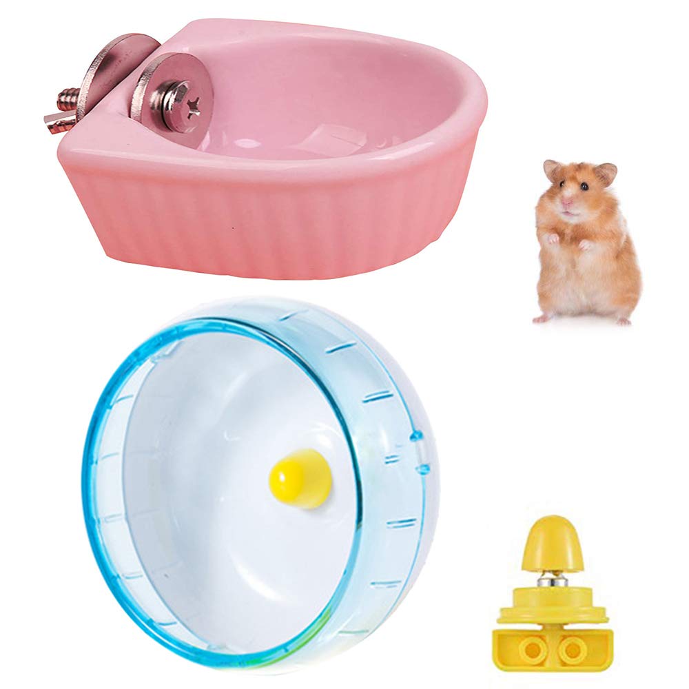 2 Pack Small Animals Bowl + 7" Silent Rotatory Jogging Hamster Wheel, Pet Hamster Running Disc Toy, Detachable Cage Feeder for Rabbit Parrot Squirrels (Blue running wheel + pink hamster bowl)