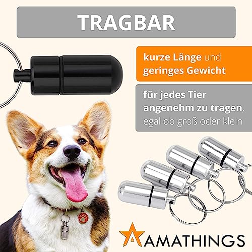 AMATHINGS Adressanhänger Hund (2 cm Länge – 6 Stück – Silber) – Halsband Anhänger für Haustiere mit Zettel zum Beschriften – Wasserdichte Anhänger Hundehalsband mit Schraubverschluss