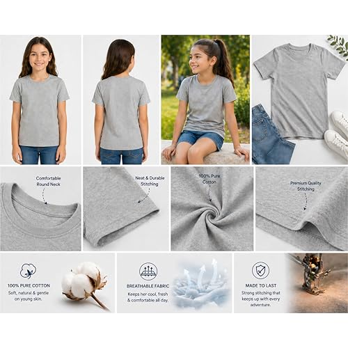 Image of Kids Round Neck Girls Tshirt | Short Sleeves | Natural Organic 100% Cotton Soft Comfortable Fabric | Plain Color Original Branded Half Sleeve | School t-Shirt for Girl Kid | Sleepwear Everyday Casual