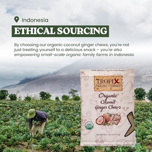 Tropix Trading Company Organic Ginger Chews – Sweet and Spicy, Made with Fresh USDA Organic Ginger, Non-GMO, No Added Flavorings, Vegan, Gluten-Free (Coconut)
