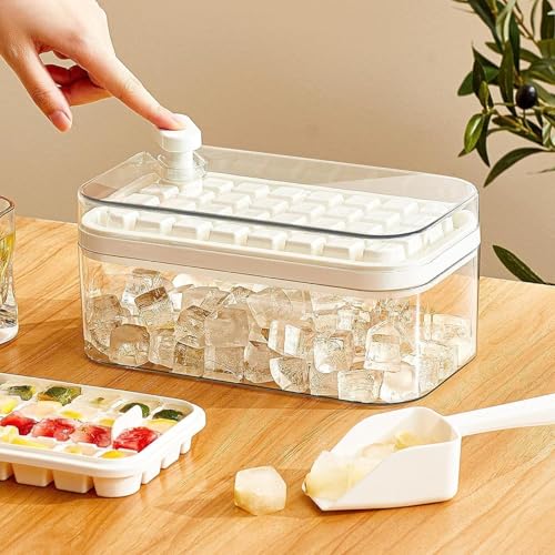 Image of Homecloud 2-Layer Ice Cube Tray with Lid & Bin - BPA-Free Square Ice Cube Molds with Scoop, Easy One-Tap Release, Space-Saving Ice Storage Container, Makes 64 Cubes (White)