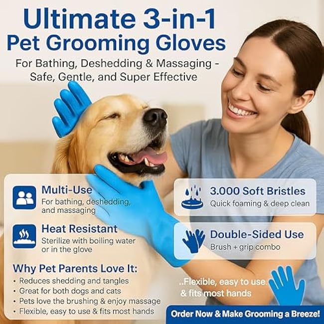 1# Pet Grooming Gloves | 2 in 1 Silicone Bath & Deshedding Mitts for Dogs, Cats & Rabbits | Safe Non Electric Hair Remover | Quick Foam, Massage & Easy Cleaning | 1 Pair (Pink)-BINv10UC