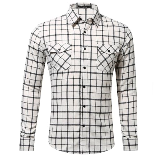 VaiKanhai Camisa a cuadros para hombre, manga larga, invierno, algodón, camisa de negocios, camisa clásica para hombre, camisa de caza deportiva, camisa de trabajo con botones, color blanco, camisa