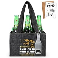 WenmthG Witzige Ruhestand Geschenk Männerhandtasche Bier mit Flaschenöffner und Grußkarten für Männer Mann Frauen Freund Kollegen Biertasche aus Hochwertigem Filz Flaschenträger für 6 Bierflaschen