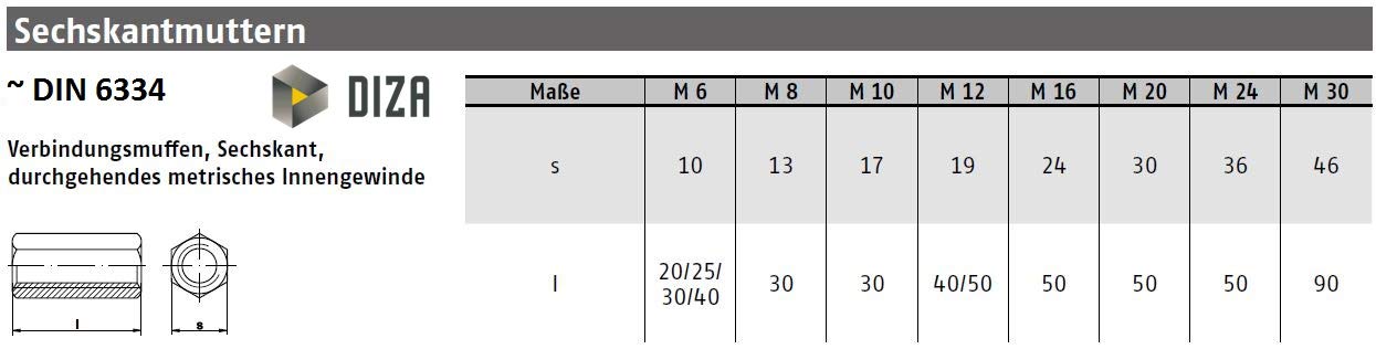 Tuercas hexagonales M16 x 50, forma alta, DIN 6334, número de piezas, 25, acero galvanizado, tuerca de extensión, tuercas largas, tuercas altas, manguitos roscados