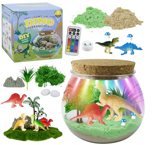 Set de Terrario de Dinosaurios para Niños, Regalos Temáticos de Dinosaurios para Niños de 4 a 12 Años, Lámpara Nocturna DIY de Dino, Plantas Simuladas y Otros Accesorios