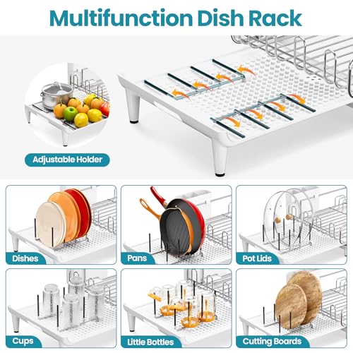 Image of TOOLF Expandable Dish Rack, Dish Drying Rack for Kitchen Counter, Foldable Dish Dryer Rack, Stainless Steel Dish Drainer Racks with Cutlery Holder, Collapsible Dish Drying Racks Large Size, White