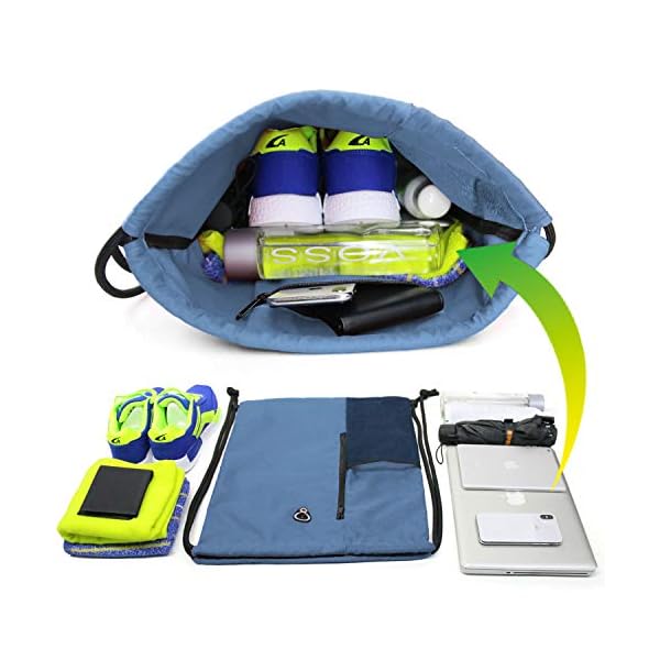 BeeGreen Blue Drawstrings Backpack Gym Sack For Men With Water Bottle Pocket &Front Zippered Pocket Large Sting Bags For WomenTraveling Yoga Beach Outdoor Gym