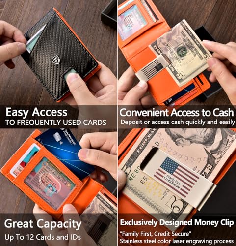 Men Slim Wallet Money Clip: Genuine Leather Minimalist Bifold Front Pocket Wallets, 12 Slots Rfid Blocking Credit Card Holder ID Window, Inside Cash Fold Moneyclip, Personalized Simple Thin Billfold3