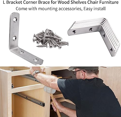 Image of YUMORE L Corner Brace, 6Pcs 65x65mm Joint Right Angle Bracket Heavy Duty Stainless Steel 90 Degree Fastener for Wood Shelves Chair Tables Dressers Furniture With Screws | Stainless Steel, 90 Right Angle, Flush Mount Design, Easy Installation, Includes Screws, Brushed nickel