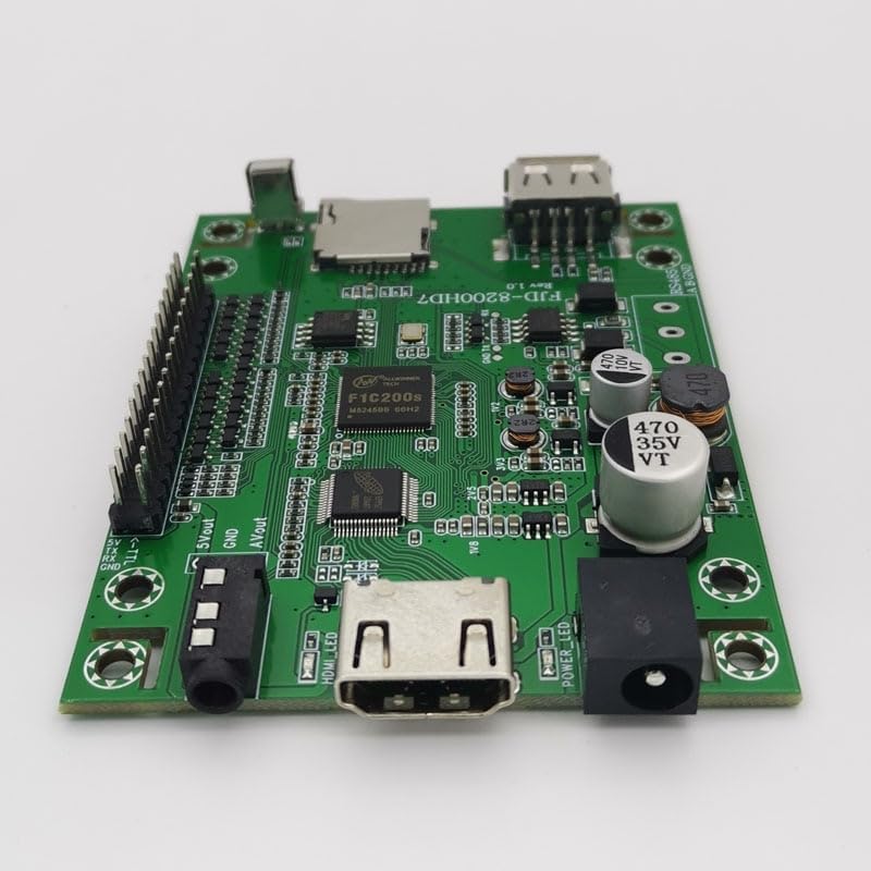 Side view of the FJD-8200HD7 board, highlighting the HDMI output port and the DC power input jack.
