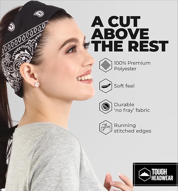 Image of Tough Headwear Paisley Bandana Head Wrap, Scarf Large 21x21 (12 Pack - Black)