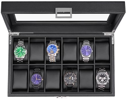 BEWISHOME Watch Case, 12-Slot Watch Box with Large Glass Lid, Watch Case for Men Watch Box Organizer, Mens Jewelry Box Removable Watch Pillows, Black Synthetic Leather, SSH08C