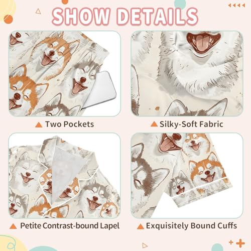 senya Dog Paw Print Happy Satin Summer Pajama Sets Silk Short Sleeve Button Down Sleepwear3