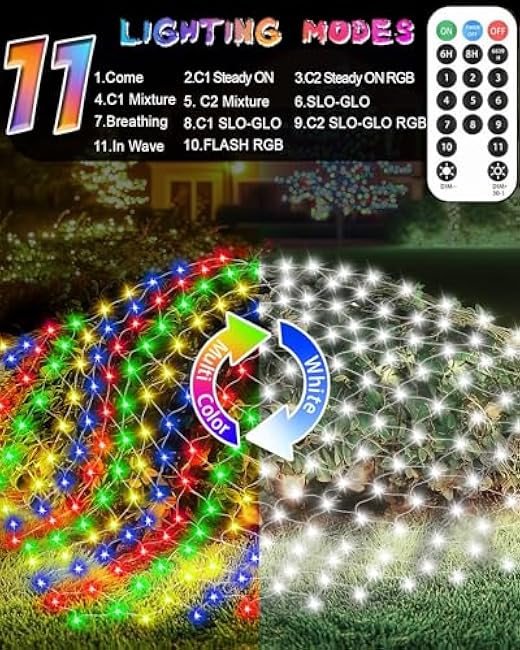 Christmas Net Lights 12ft x 5ft, 360 LED Outdoor Mesh Lights with 11 Modes, Waterproof Bush String Lights for Home Garden Yard Xmas Decorations Connecable, Timer (Cool White & Multicolor)
