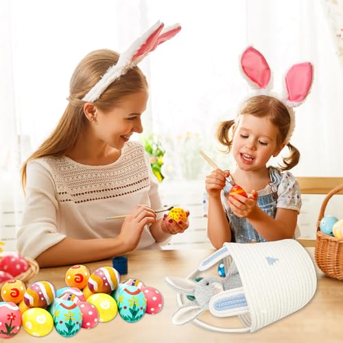 Image of Easter Basket Empty Bunny Egg Baskets With Handle And Ears Easter Gifts Cute Woven Basket (blue)