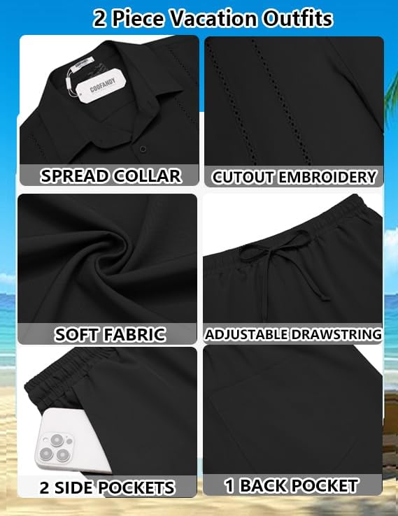 COOFANDY Men's 2 Piece Outfits Cuban Guayabera Short Sleeve Shirts and Shorts Summer Beach Vacation Sets for Men - Image 6
