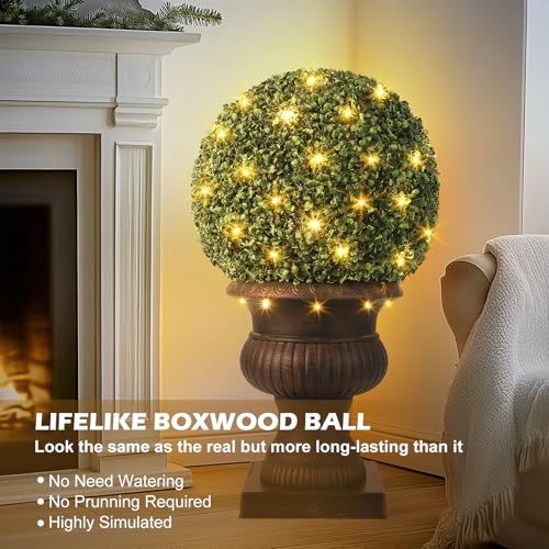 20” Artificial Plant Topiary Ball, Pre-Lit Artificial Topiary Plant with 50 Lights, Timer and Remote Control, Artificial Outdoor Porch Trees with Sturdy Pot for Outdoor Indoor,Red Urn Base 2 pcs