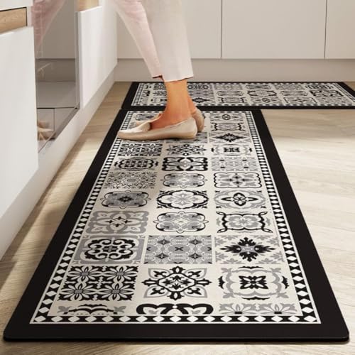 Image of Kitchen Anti Slip Mat for Floor, Waterproof Washable Kitchen Mats, Non Slip Kitchen Floor Mats for Home, Soft Mats for Kitchen, Kitchen Mats for Floor Anti Slip (GEO-Black and White)