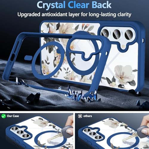 Image of VONZEE Compatible with Samsung Galaxy A16 5G Case Luxury Retro Flowers Floral Clear for Magnetic Wireless Charging Case Shockproof PC+TPU Cute Glossy Shiny Cover for Girls Women, Blue