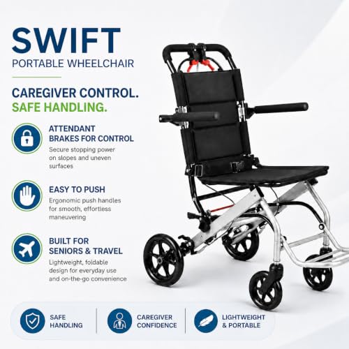 Image of EverActiv Swift Portable Wheelchair for Seniors | Ultra Light 8 Kg Carbon Steel Frame | Foldable, Compact, Attendant Brake, Travel Convenience | Wheelchair for old people