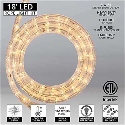 Wintergreen Lighting 18\' LED Warm White Rope Light, LED Flexible Light Rope String Light Outdoor – LED Light Rope Bedroom LED Light Rope, 120V, ½ Inch, 2-Wire