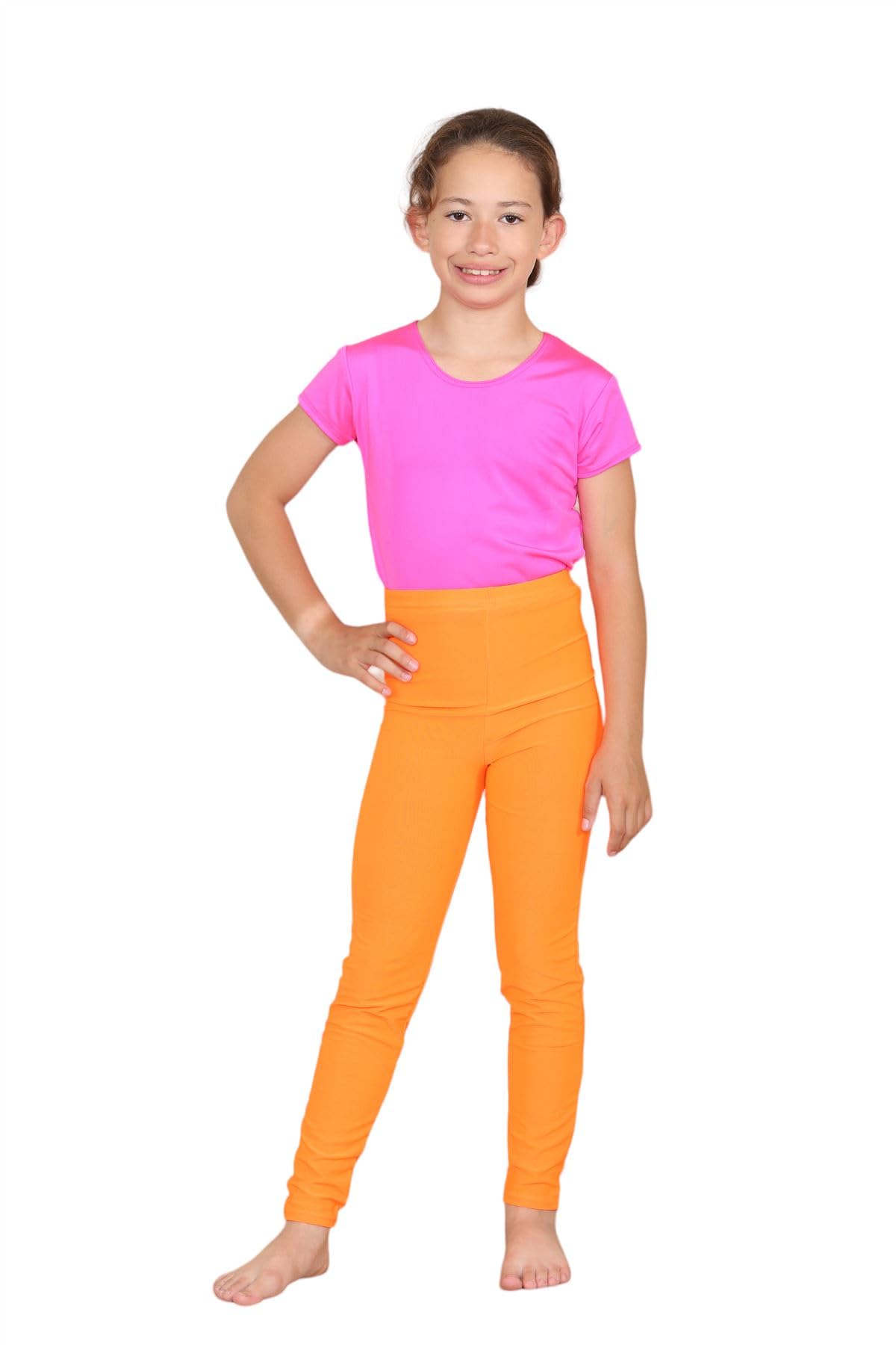 janisramone® Kids Leggings Microfiber Soft Gym Leggings Unisex Plain Skinny Stretchy Underlayer Dance Girls Tights School Trousers for Girls and Boys Neon Orange