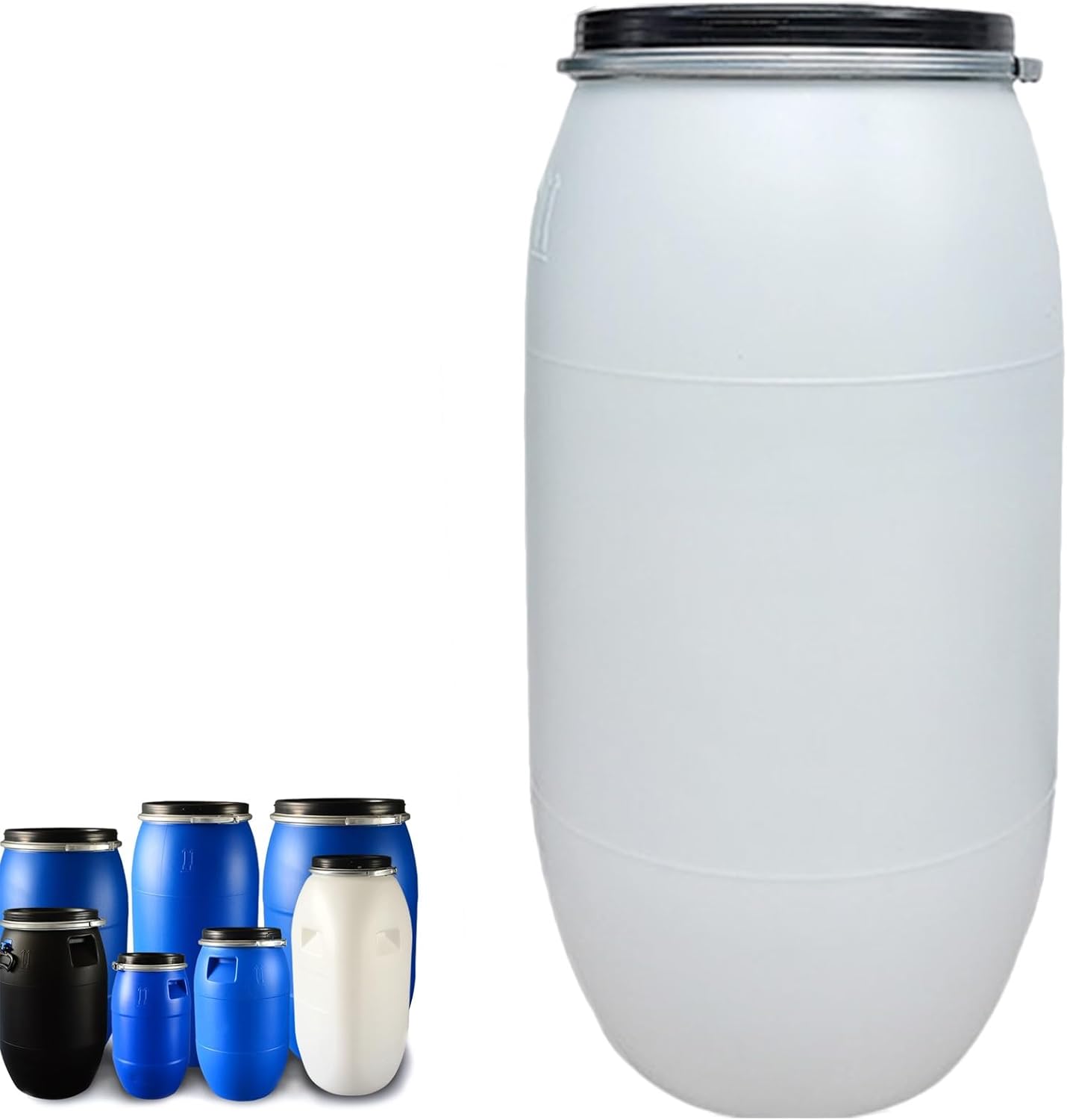Transport Drum with Lid and Handles, Large Plastic Barrels Airtight Plastic Shipping Barrel, Food Grade Container for Shipping, Rain Barrel Use and General Indoor Outdoor Storage(White160L)